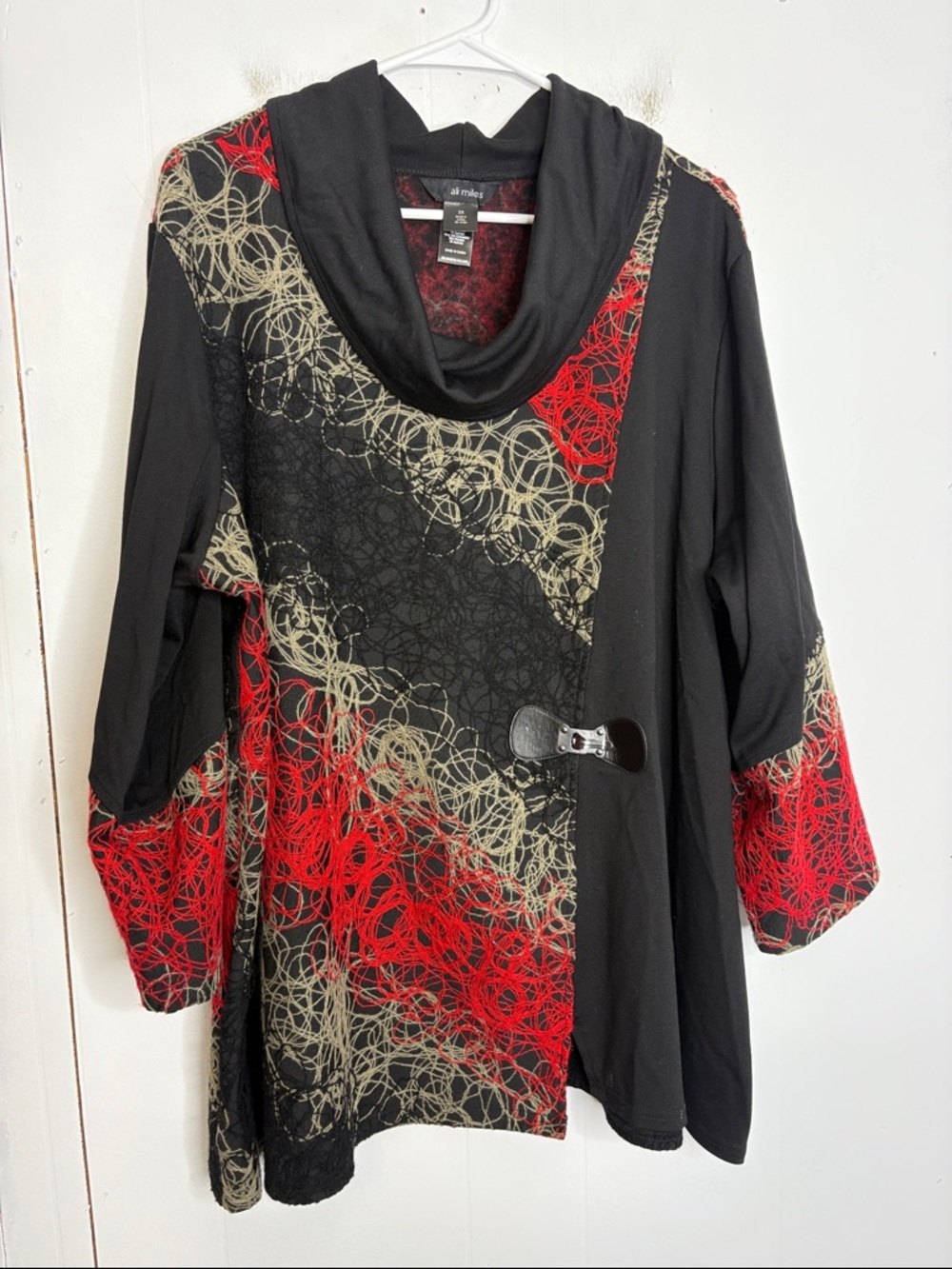 Ali Miles Top WOmens 2X TUnic Artsy Buckle Cowl Neck Art To Wear Longline